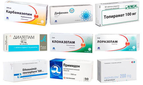медикаменты для лечения: Карбамазепин, Фенитоин, Топирамат, Диазепам, Клоназепам, Лоразепам, Этосуксимид, Примидон, Руфинамид