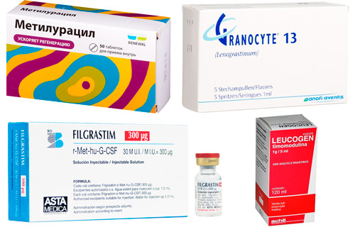 рекомендуемые лекарства: Метилурацил, Ленограстим, Филграстим, Лейкоген