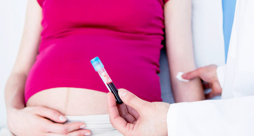 врач берет анализ крови у беременной девушки