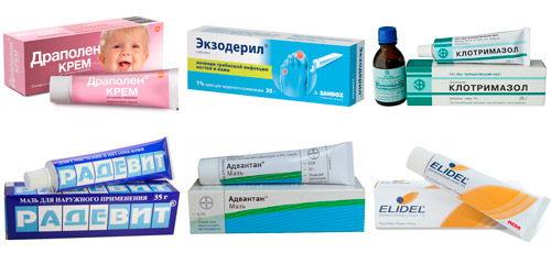 препараты для наружной терапии: Драполен, Экзодерил, Клотримазол, Радевит, Адвантан, Пимекролимус