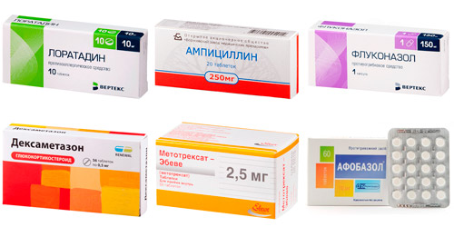 системные лекарственные средства: Лоратадин, Ампициллин, Флуконазол, Дексаметазон, Метотрексат, Афобазол