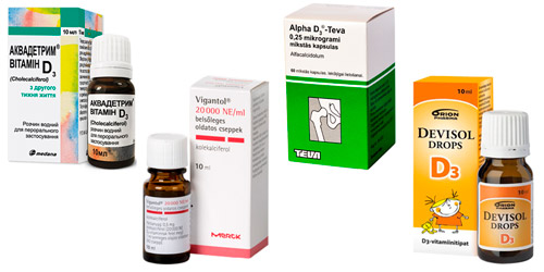 лекарства при рахите: Аквадетрим, Вигантол, Альфа-D3-Тева, D3-Девисол дропс