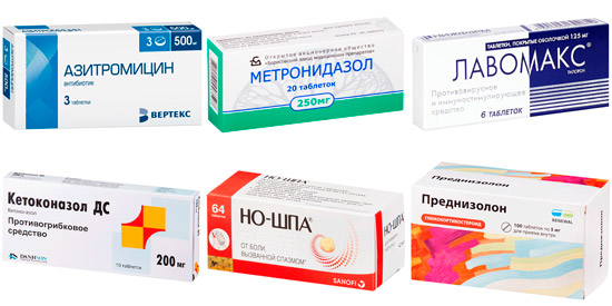 лекарства для комплексного лечения: Азитромицин, Ацикловир, Кетоконазол и др.